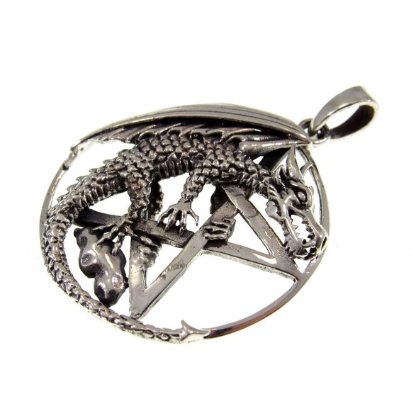Solid 925 Sterling Silver Dragon Clutching the Pentacle Pentagram Pagan Pendant - Picture 7 of 8